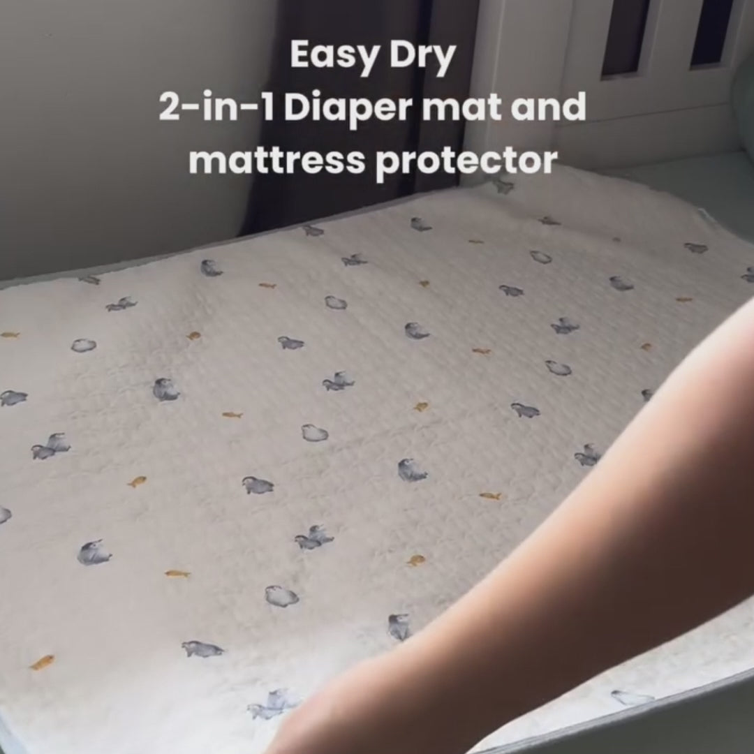 2-in-1 Diaper Mat and Mattress Protector going into a washing machine, a washable bed pad for toilet training